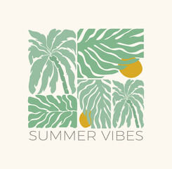 Summer vibes groovy retro poster with palms and leaves. Vintage hippie tropical plants banner with inspirational quote.