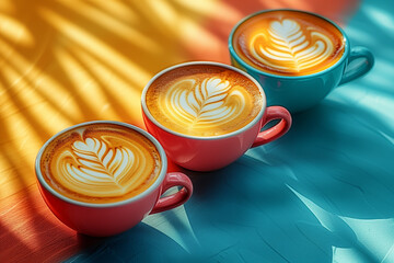 Steaming mugs of coffee, tea, and mocha offer a variety of breakfast choices on a cafe table