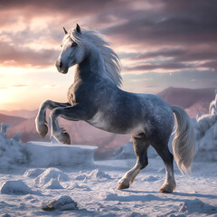 Fototapeta premium A full body horse of ice carving and back site sky.