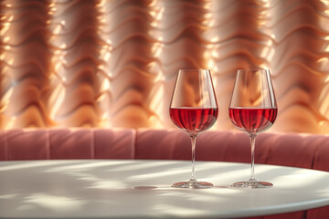 Two elegant red wine glasses stand ready for a celebratory dinner