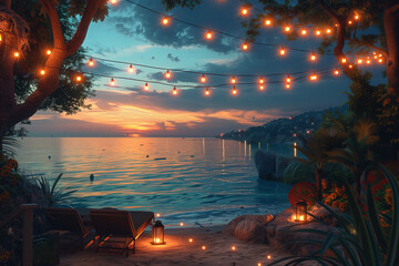 Fiery sky reflects on calm water as the sun dips below the horizon in this beautiful sunset scene