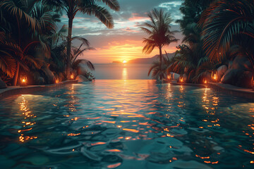 Tropical paradise awaits as the fiery sun dips below the horizon, casting a golden glow on the palm trees and the calm ocean water reflected in the pool