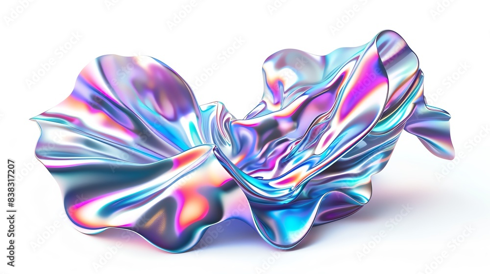 Poster abstract colorful fluid-like shape with iridescent hues and smooth textures, set against a white bac