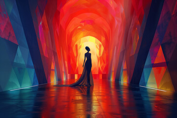 Abstract illustration of a red dancing woman in a dark background with light rays