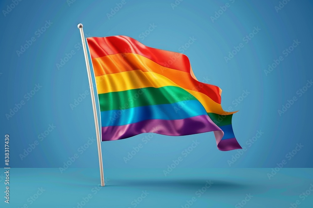 Poster realistic 3d rainbow flag waving against a blue background symbolizing pride unity and diversity in 