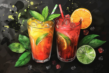 A refreshing summer cocktail with a lime wedge and a sprig of mint for garnish