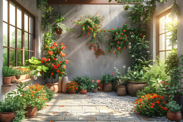 Vibrant geraniums decorate the stone window boxes of a charming Italian village home