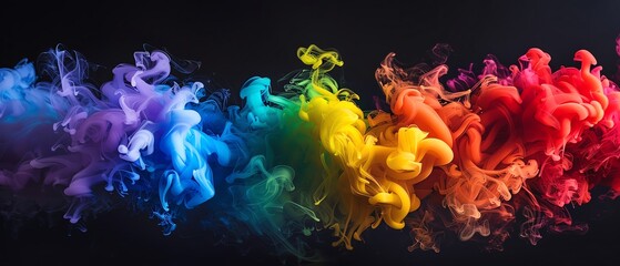 Whimsical Puffs Rainbow smoke, negative space, isolated on black background, advertising photoshoot, pride month LGBTQIA theme