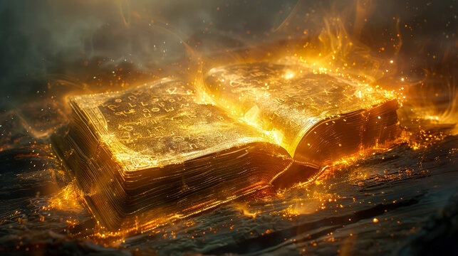 Open ornate golden book with glowing numbers and smoke on dark surface with smoke rising from pages. Swirling, glimmering ancient numerological symbols, runes and digits. Mystical arcane knowledge.