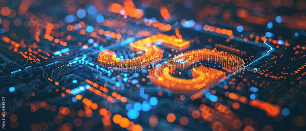 Poster a computer chip with the 5g on it. the chip is orange and blue. the image has a futuristic feel to i