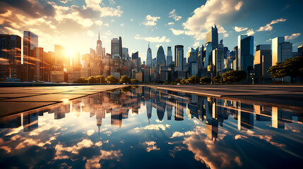 View of reflective skyscraper office buildings. Bottom up view of big city