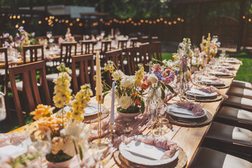 Table setting and decoration for a ceremony or celebration. Beautiful wedding table decoration country style. 