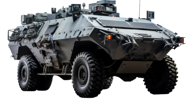 image of a Stryker armored fighting vehicle, isolated on a white background.