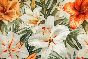 In generative AI, this seamless pattern shows a bunch of tropical botanical flowers, all in a vintage motif for a digital background.