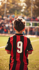 Fototapeta premium niño futbolista en el centro del campo , de espaldas, mirando a la grada gente