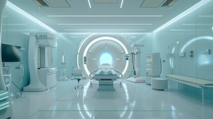 Modern MRI machine in a sterile hospital room, showcasing advanced medical imaging technology for precise diagnostics and patient centred care.