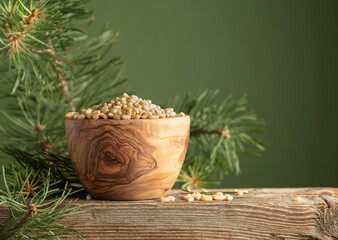  Peeled pine nuts and cedar branch on a old wooden table.