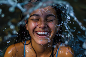 Obraz premium Indian teenage girl smile with happy face, cooling herself with water splashes on hot summer day with copy space