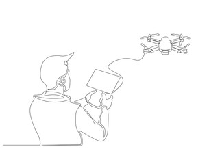 Continuous one line drawing of man with remote control and flying drone. One line drawing illustration of man flying drone aircraft. Controlling modern gadget flying concept. Editable outline.