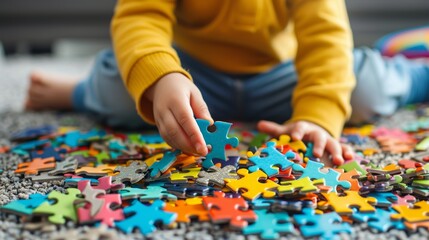 Child Solving Colorful Puzzle Pieces. A young child engages with colorful jigsaw puzzles, demonstrating problem-solving and cognitive development.