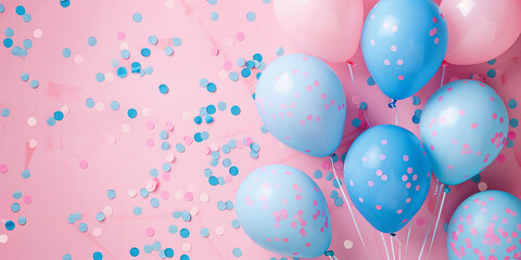 Rosa und blaue Luftballons und Konfetti-Hintergrund mit Platz f&uuml;r Text f&uuml;r eine festliche Gender-Reveal-Party oder eine Babyparty-Kulisse