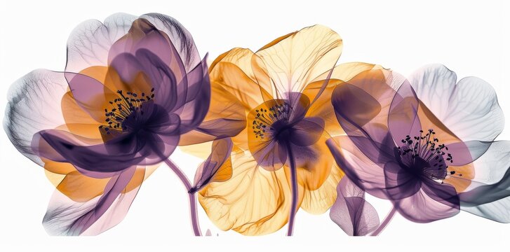 An abstract vintage x-ray image of many types of flowers isolated on a white background is generated using artificial intelligence.
