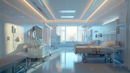 Modern hospital room with medical equipment, bed, bright lighting. Clean advanced healthcare facilities for patient centered care