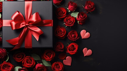 A bouquet of red roses and a gift box with a ribbon on a black background, symbolizing love and celebration.

