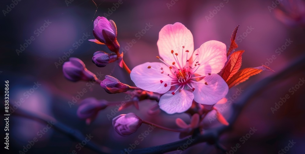 Poster this is a closeup of a spring violet blossom flower on a dark bokeh background using generative ai.