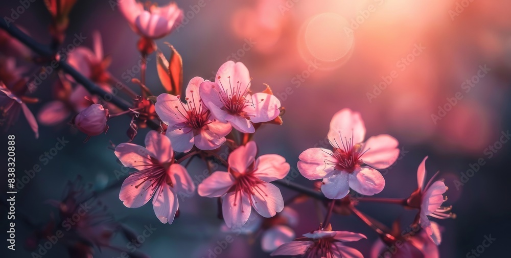 Poster generative ai of a spring violet blossom flower on a dark bokeh background.