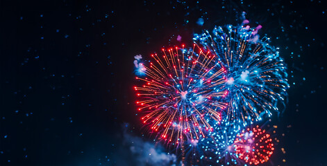 background of red and blue fireworks in the night sky for the 4th of July with bokeh