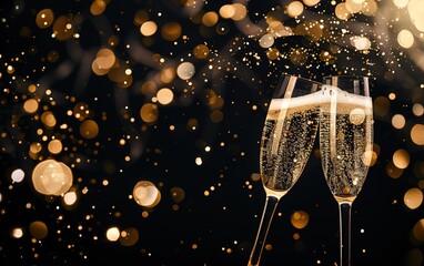 Elegant toast with champagne glasses clinking, sparkling confetti, and golden lights on a black background, offering ample whitespace for custom additions. Festive celebration and luxury concept.