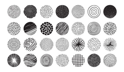 Hand drawn circles doodle texture. Round trendy abstract set black shapes with lines, circles, drops. Hand drawn organic doodle shapes.