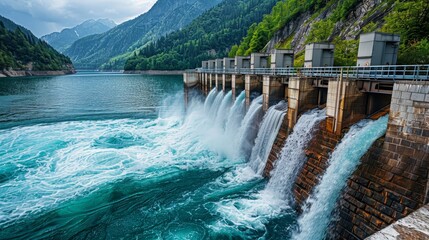 Hydroelectric Power Plant Uses Large Turbines. Concept Renewable Energy