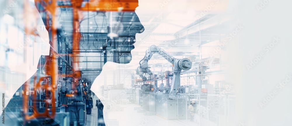 Poster double exposure engineer checking and controlling welding robotics automatic arms machine in intelli