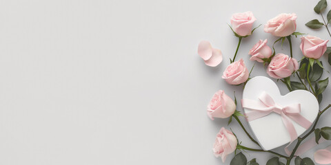 Fototapeta premium Elegant heart-shaped gift box with flowers, perfect for Valentine's, Christmas, birthdays, and Mother's Day. Includes blank space for text. Simple, minimal design for any occasion.