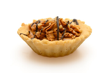 Sweet delicious dessert with chocolate filling. Pastry. On a white background.
