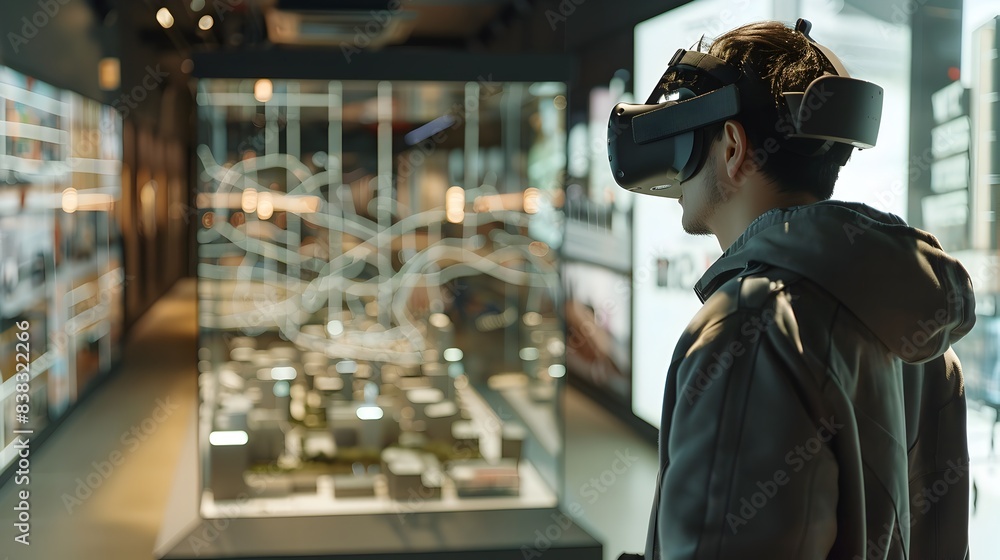 Poster virtual reality user exploring a 3d city map for specific stores in detailed immersive environment