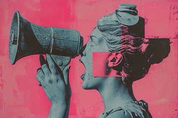 Collage portrait painting facial closeup eye contact print design art poster Generative AI technology