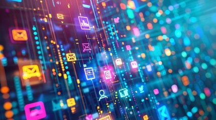 Fototapeta premium Futuristic Holographic Icons of Digital Marketing Channels and Tools with Data Streams