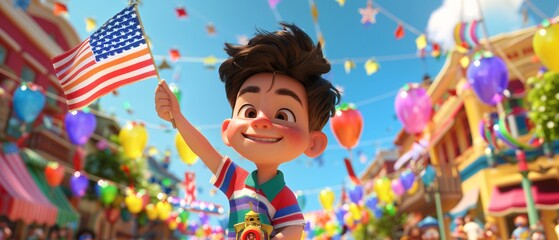 Celebratory Cartoon Character with American Flag in Vibrant 3D Outdoor Scene