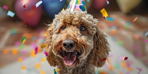 Labradoodle dog in party hat celebrating birthday with falling confetti. Concept Pet Photography, Birthday Celebration, Party Hat, Labradoodle, Confetti