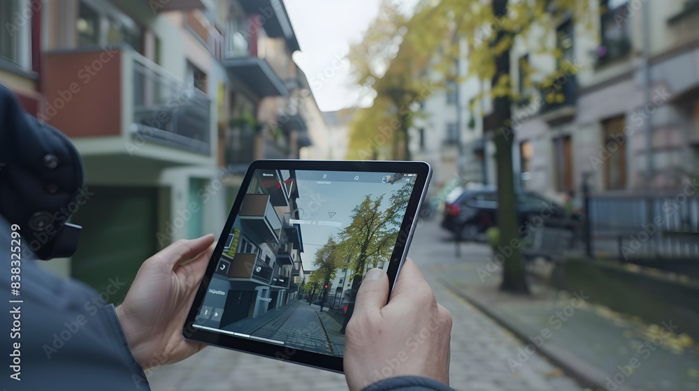 Aufkleber user interacting with augmented reality app on tablet in urban street setting