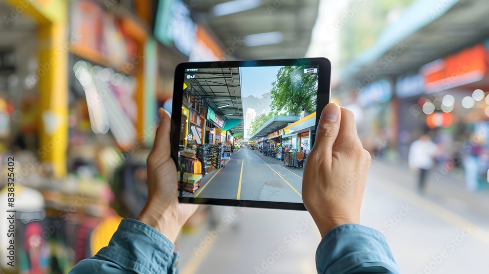 Poster user holding tablet with augmented reality app displaying 3d store locations in urban environment