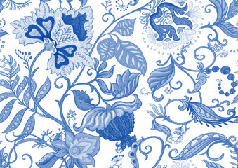 Fantasy flowers in retro, vintage, jacobean embroidery style. Seamless pattern, background. Vector illustration.