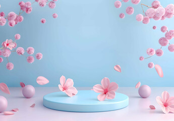 Background blue podium product platform 3D display stage stand luxury. blue background podium abstract studio leaf pedestal scene minimal plant design cosmetic light presentation wall modern tree.

