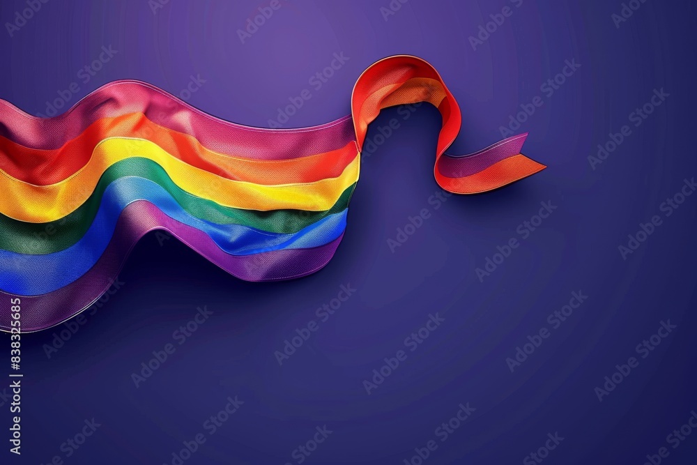 Poster flowing rainbow ribbon on dark purple background symbolizing lgbtq pride and unity in a dynamic and 