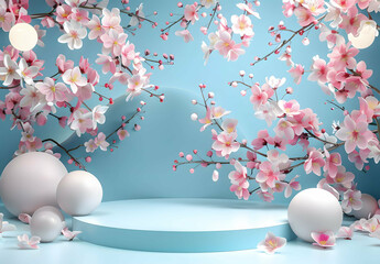 Background blue podium product platform 3D display stage stand luxury. blue background podium abstract studio leaf pedestal scene minimal plant design cosmetic light presentation wall modern tree.
