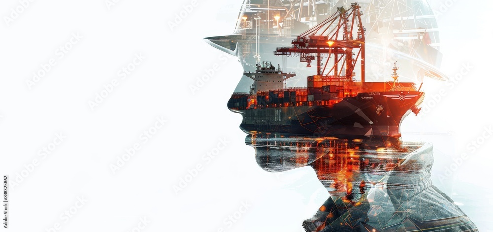 Poster in this double exposure, an engineer supervises and controls welding robotics automated arms machine