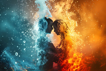 "Embracing Elements: Couple in Love, Embraced Amidst the Elements of Fire and Water"